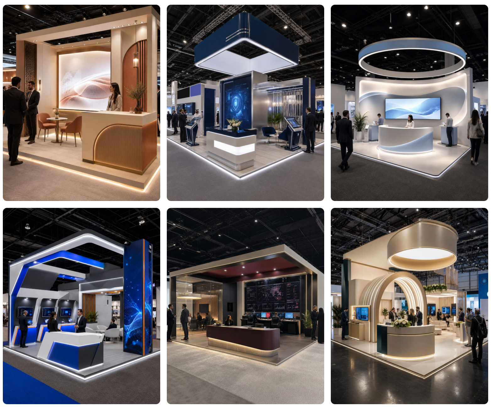 Examples of TeamOne exhibition stands — from simple builds to large-scale projects